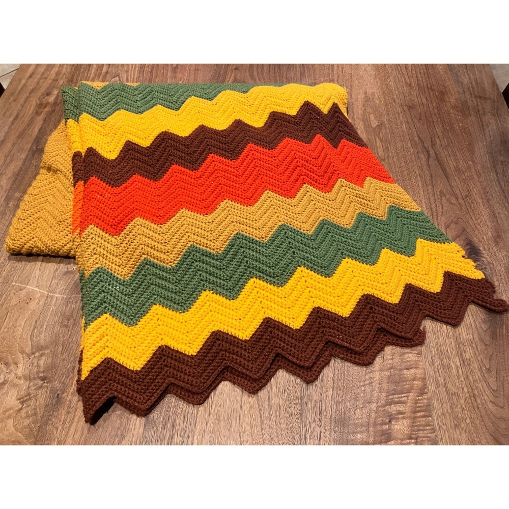 Vintage 70s Handmade Crochet Afghan Blanket Chevron Ripple Brown Orange 43x92